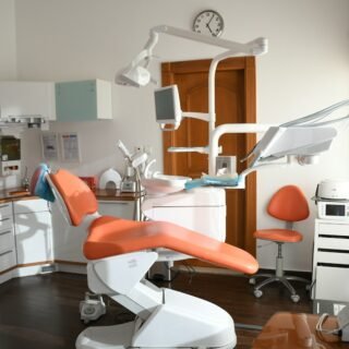 Dental chair in a bright clinic