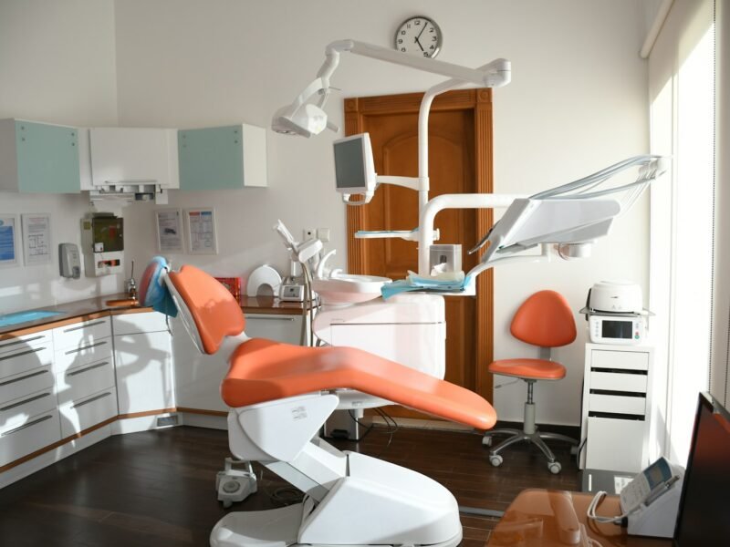 Dental chair in a bright clinic