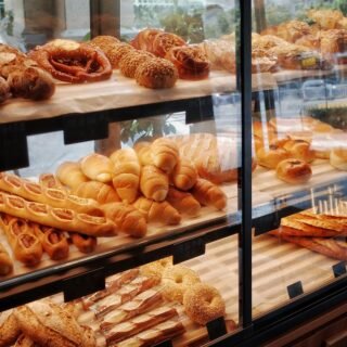 Fresh bread on bakery shelves