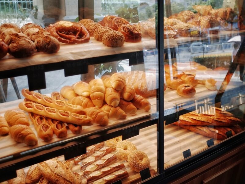 Fresh bread on bakery shelves