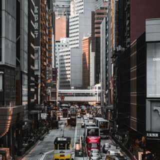 Hong Kong street with a red bus