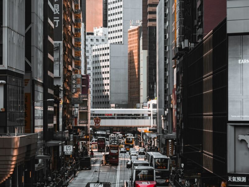 Hong Kong street with a red bus