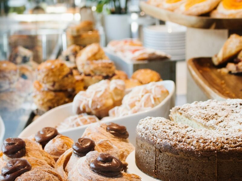 Pastries on display in a bakery